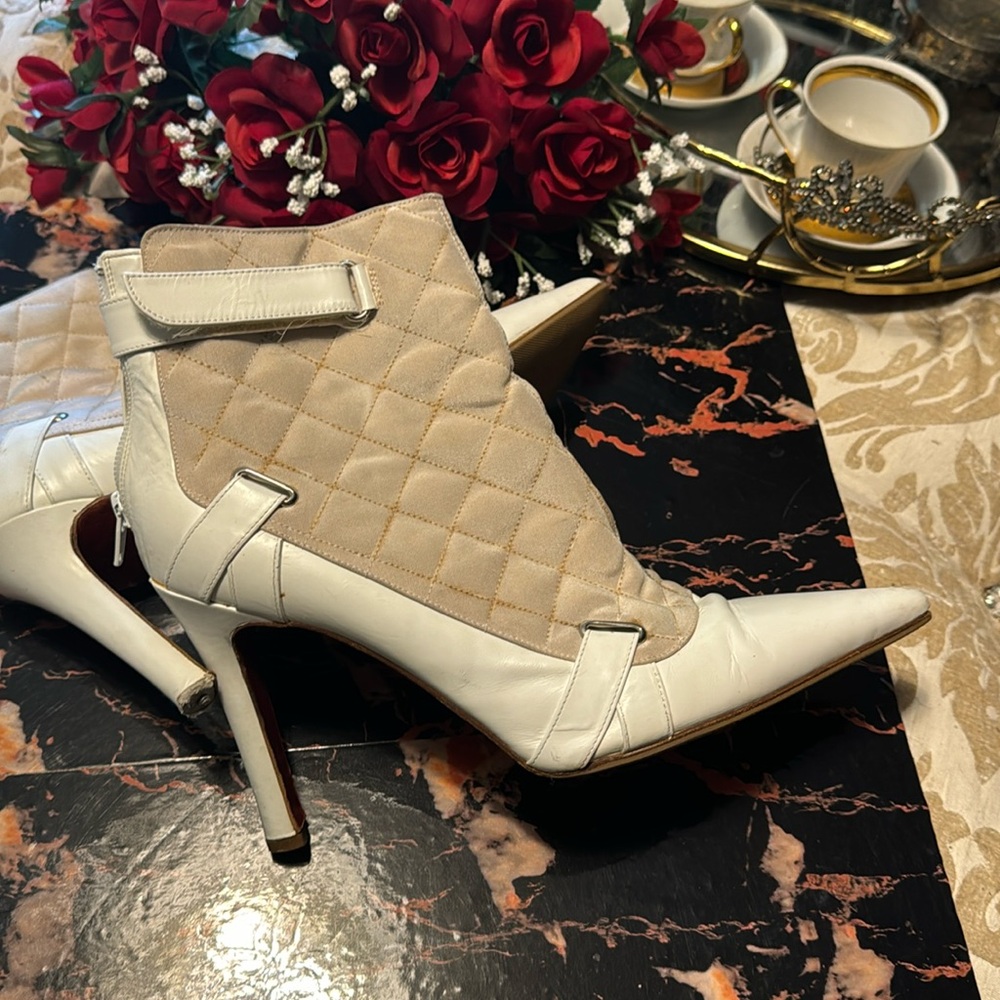 Authentic Vintage Louboutin Quilted White Tan Ankle Boots